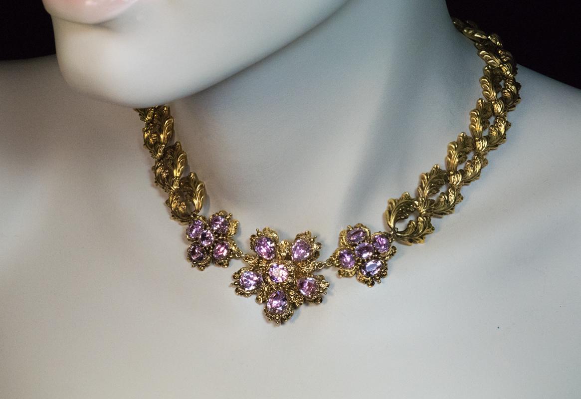 Antique Georgian Era Pink Topaz Gold Necklace and Earrings In Excellent Condition In Chicago, IL