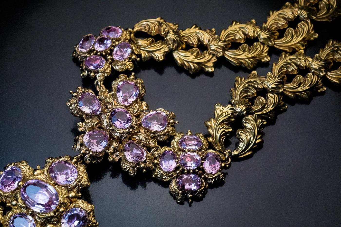 Women's Antique Georgian Era Pink Topaz Gold Necklace and Earrings