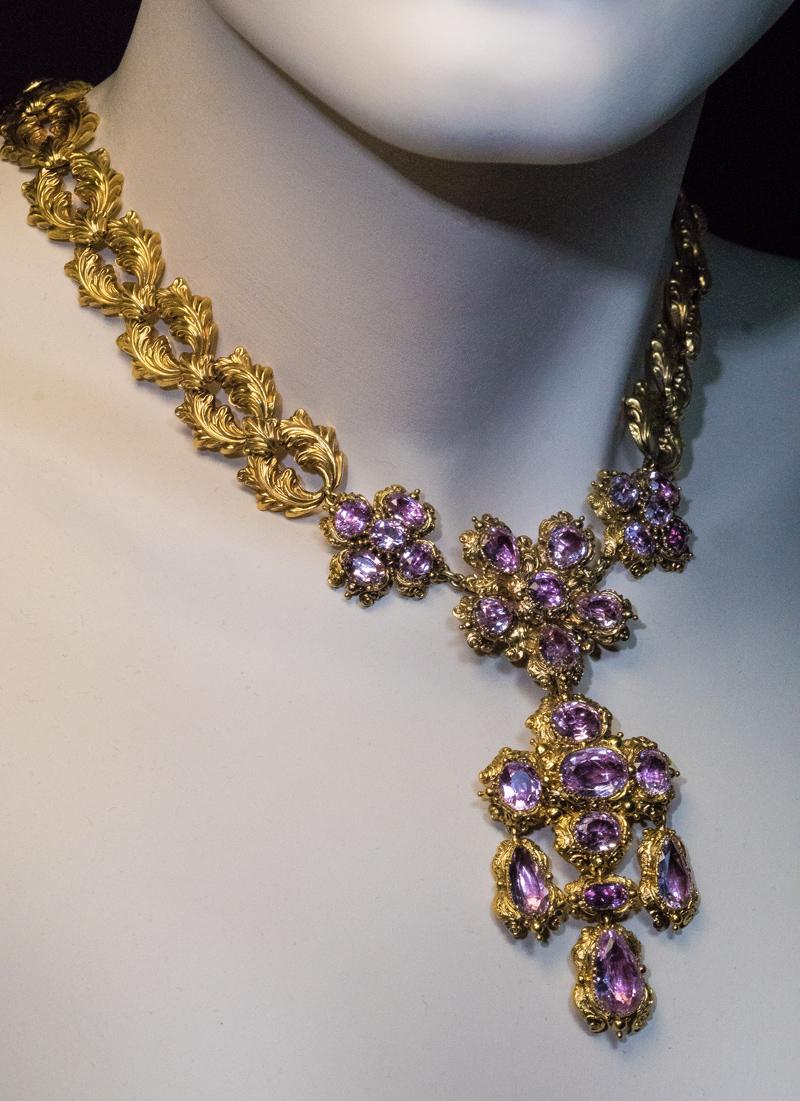 Antique Georgian Era Pink Topaz Gold Necklace and Earrings 1