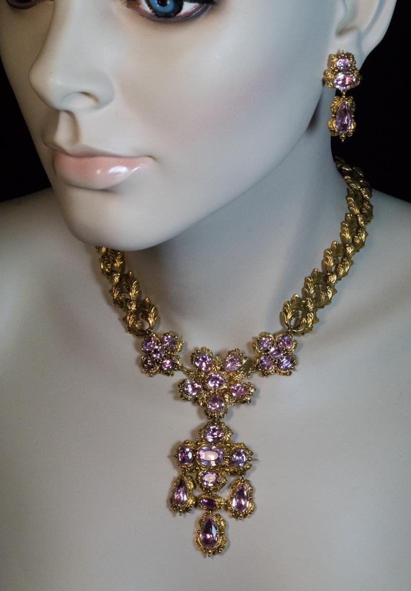 Antique Georgian Era Pink Topaz Gold Necklace and Earrings 3