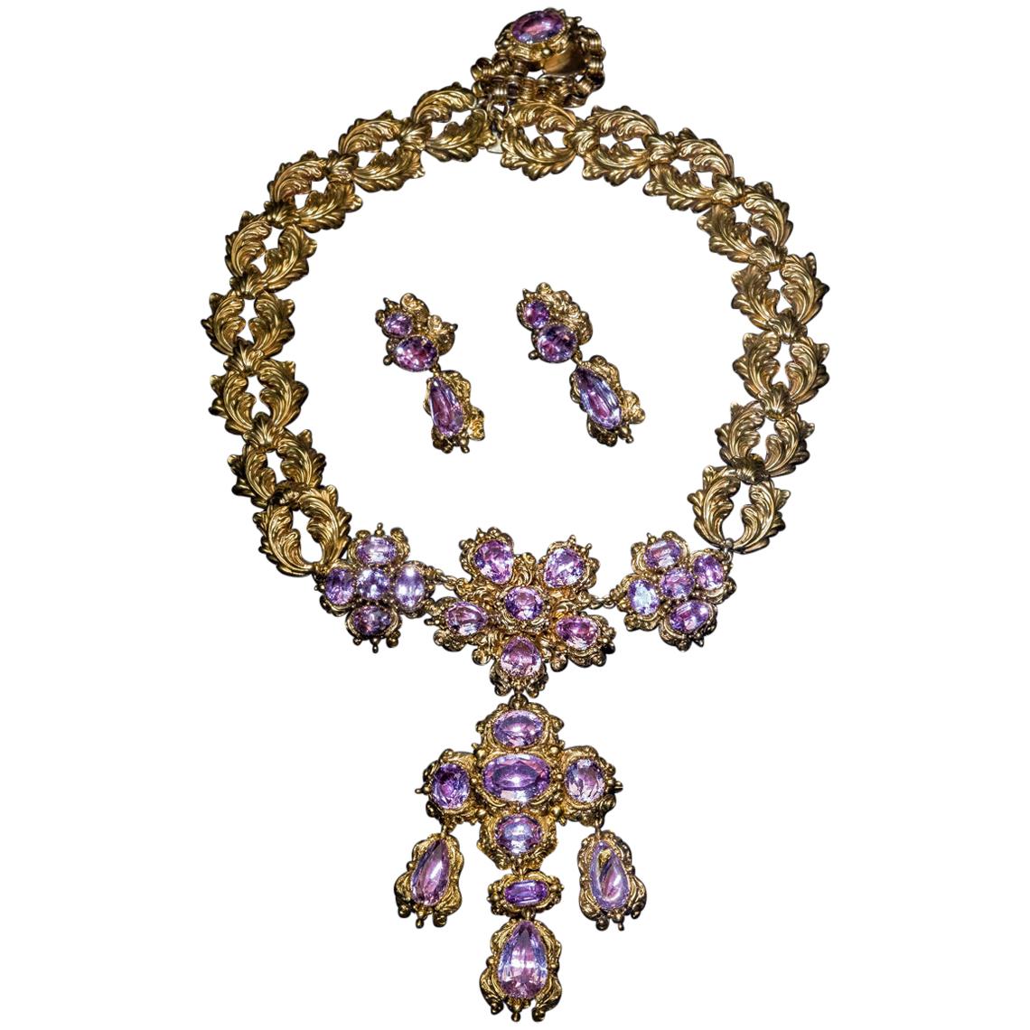 Antique Georgian Era Pink Topaz Gold Necklace and Earrings