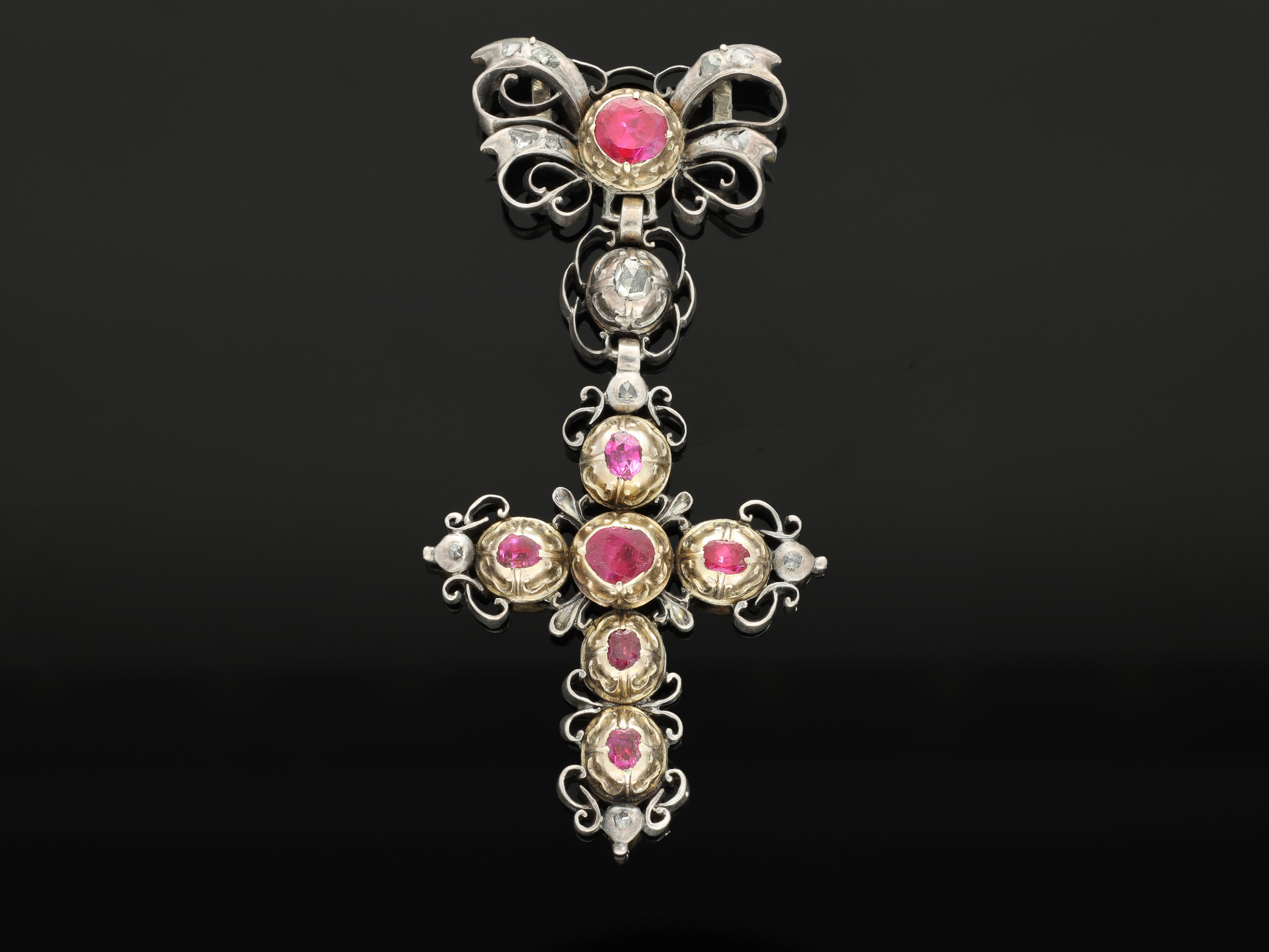 A very rare authentic 18th century neck jewel set with untreated Burma rubies! This absolutely magnificent and precious antique Georgian era cross necklace is made in highly collectible Rococo style. Rococo is famous for its curvy lines, lace-like