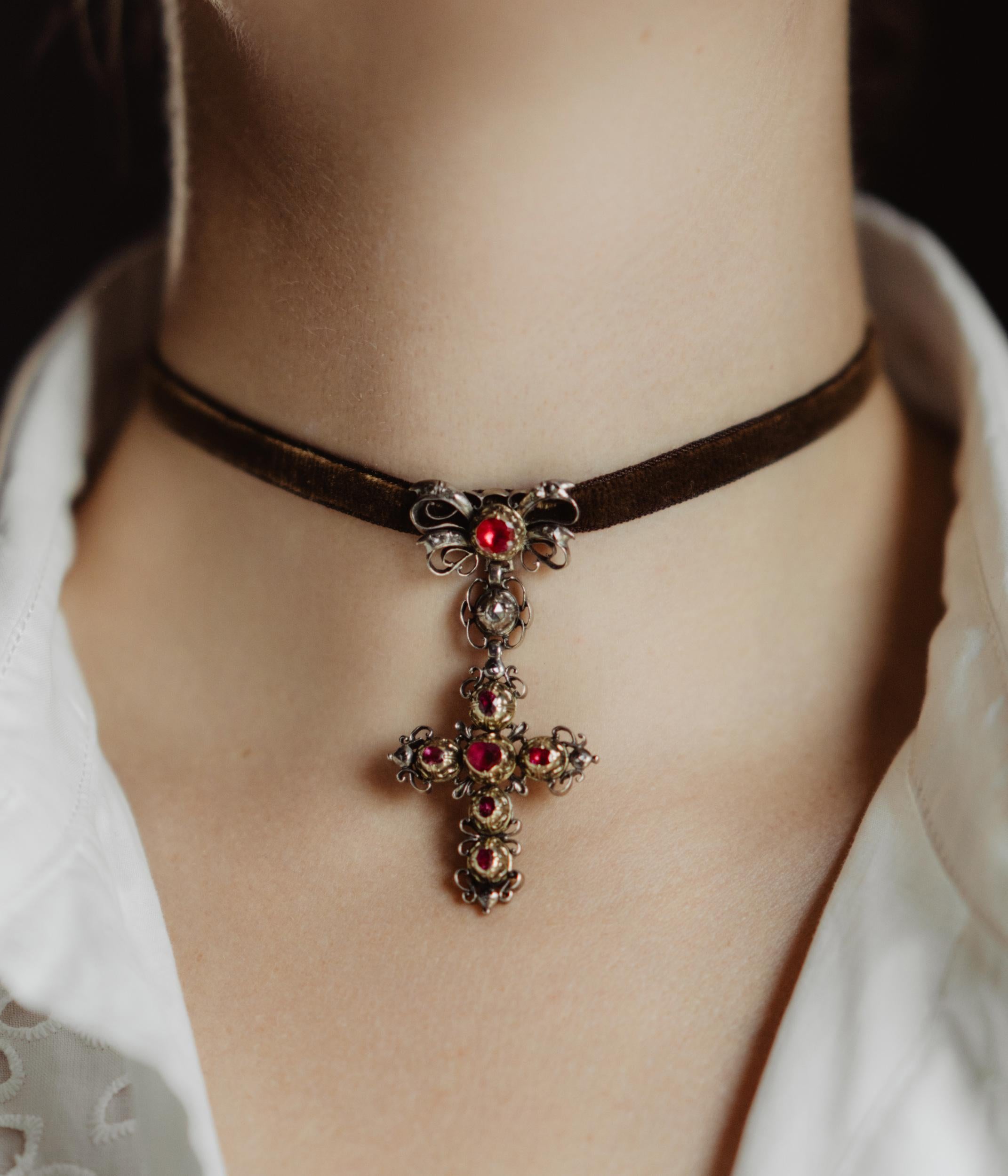 Women's Antique Georgian Era Rococo Bow Burma Untreated Ruby Cross, 18th Century Jewelry
