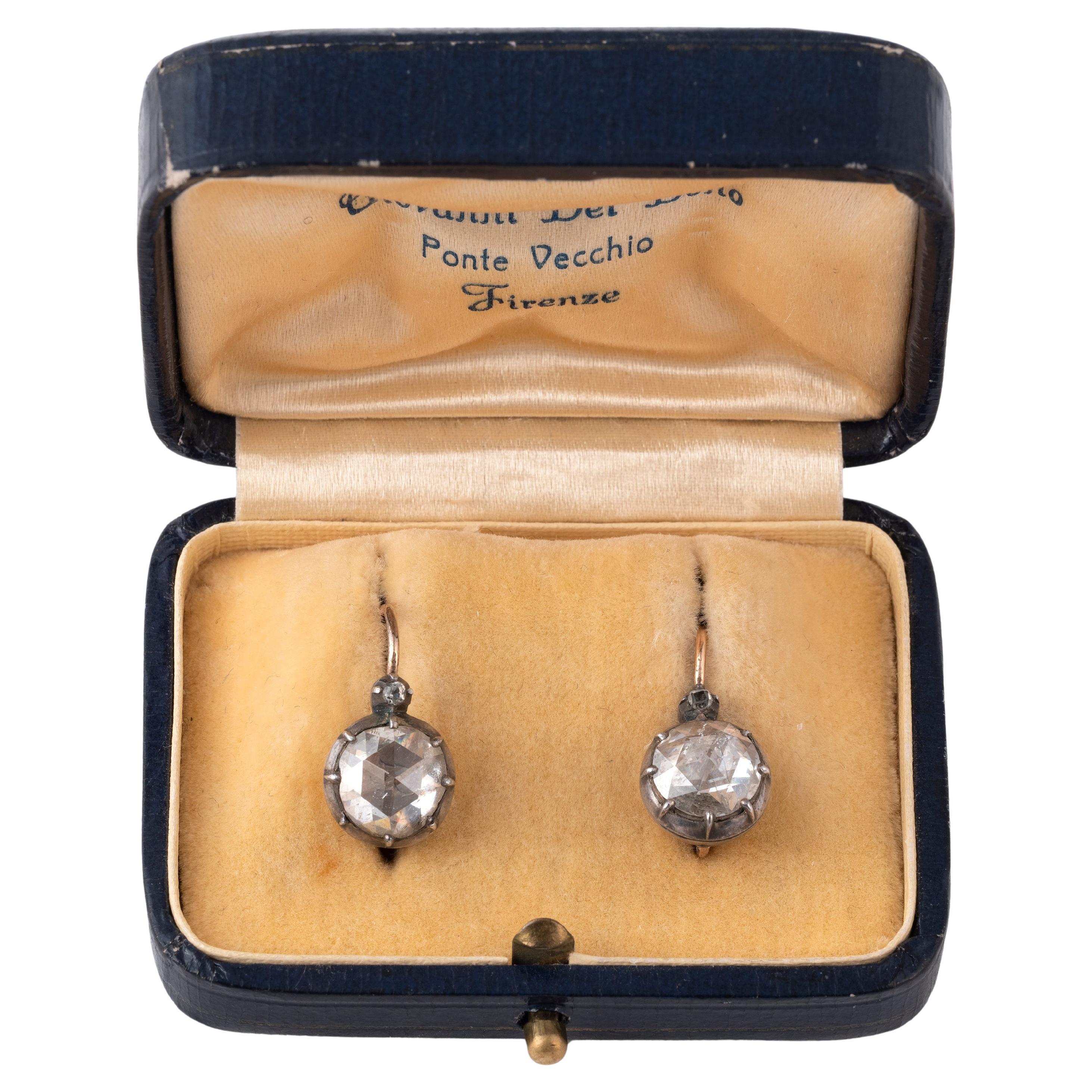 This pair of rare Georgian era earrings is set with large antique rose cut diamonds. The diamonds are set in silver and backed in 14K gold. Each circular rose-cut diamond in closed-back setting, length 1.3cm
Weight: 3.78gr.