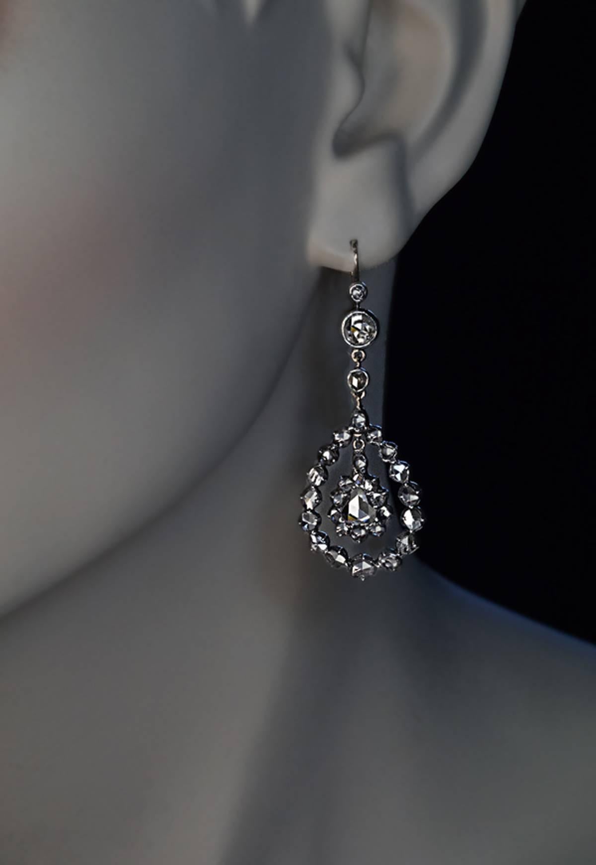 Antique Georgian Era Rose Cut Diamond Earrings In Excellent Condition In Chicago, IL