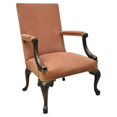 Antique Georgian Figural Dolphin Carved Mahogany Upholstered Library Arm Chair