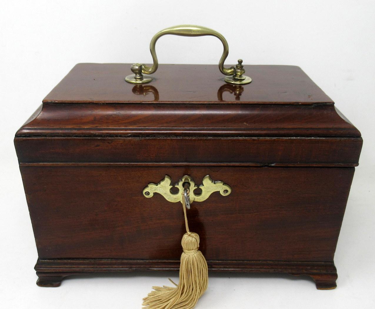 A superb early example of an English Georgian Period Well figured flame mahogany double interior section tea caddy of rectangular outline, compact proportions and outstanding quality, late eighteenth, early nineteenth century. 

The hinged lid