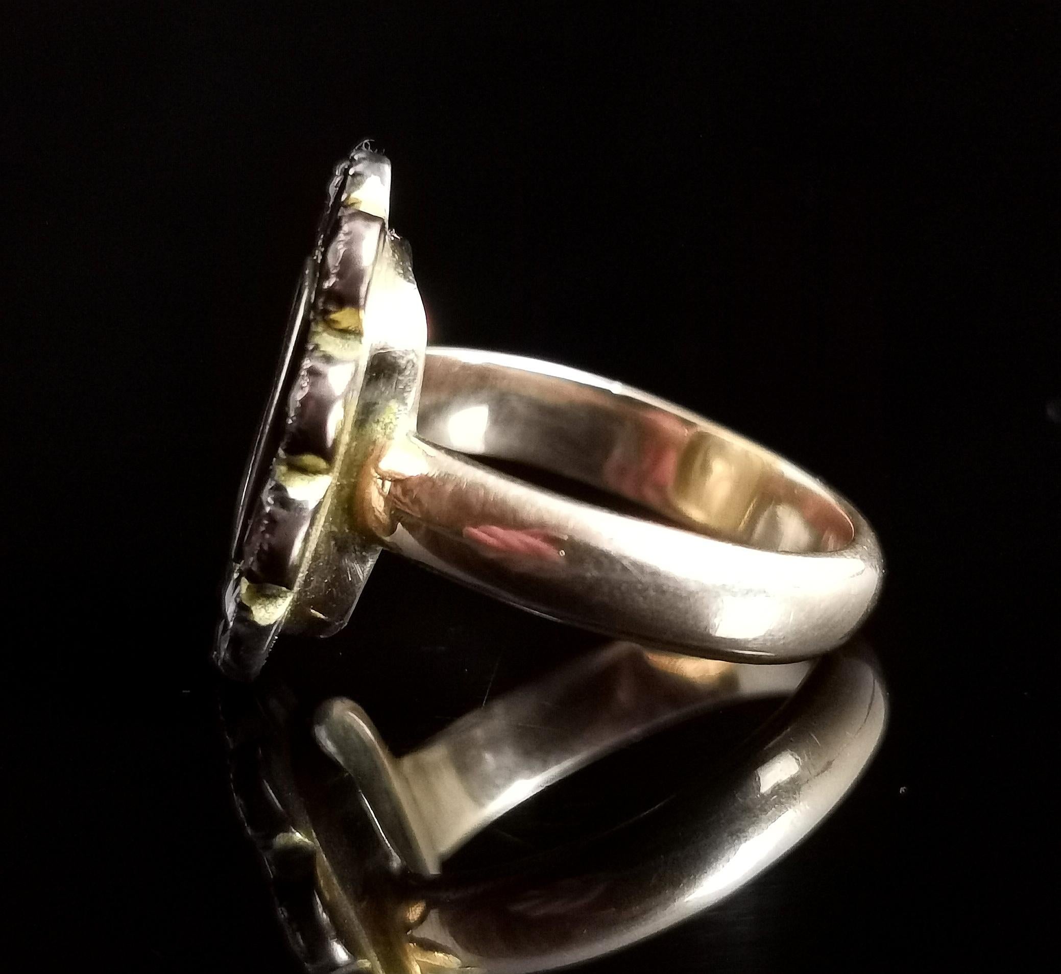 Women's Antique Georgian Flat Cut Garnet Mourning Ring, 9k Gold