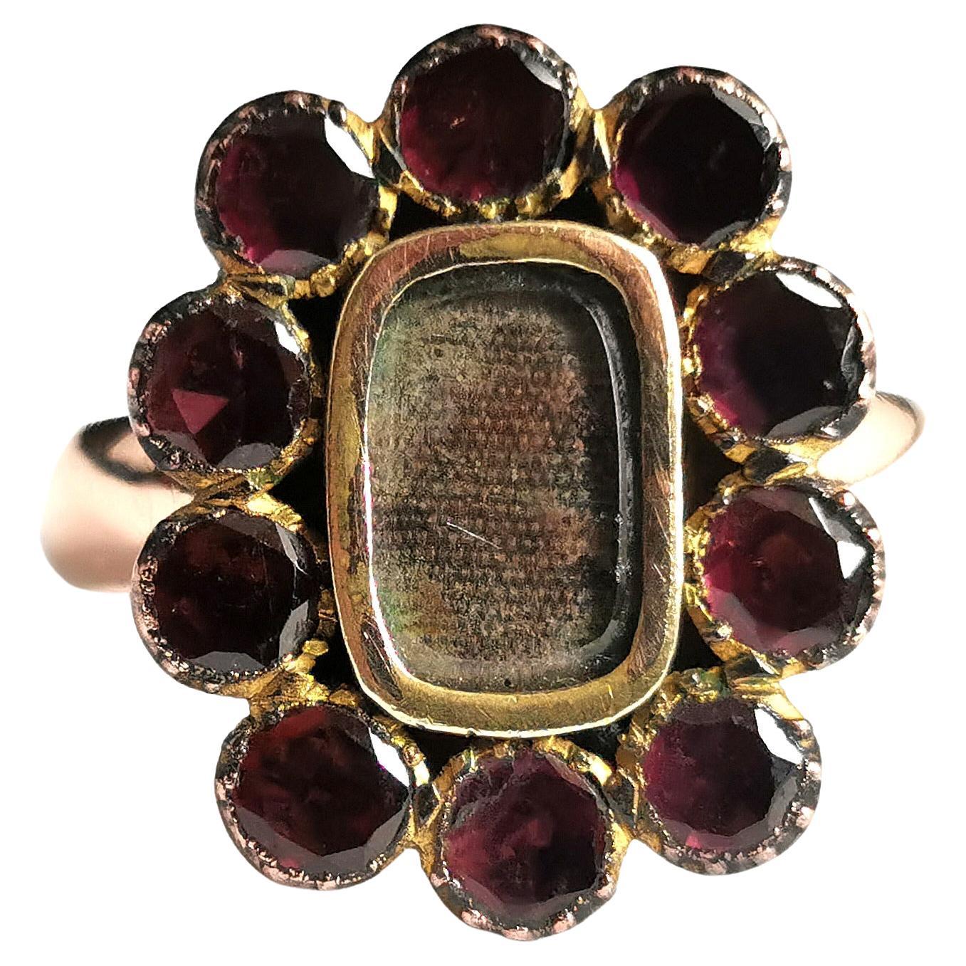 Antique Georgian Flat Cut Garnet Mourning Ring, 9k Gold