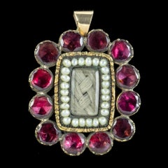 Antique Georgian Flat Cut Garnet Pearl Mourning Pendant in 18ct Gold