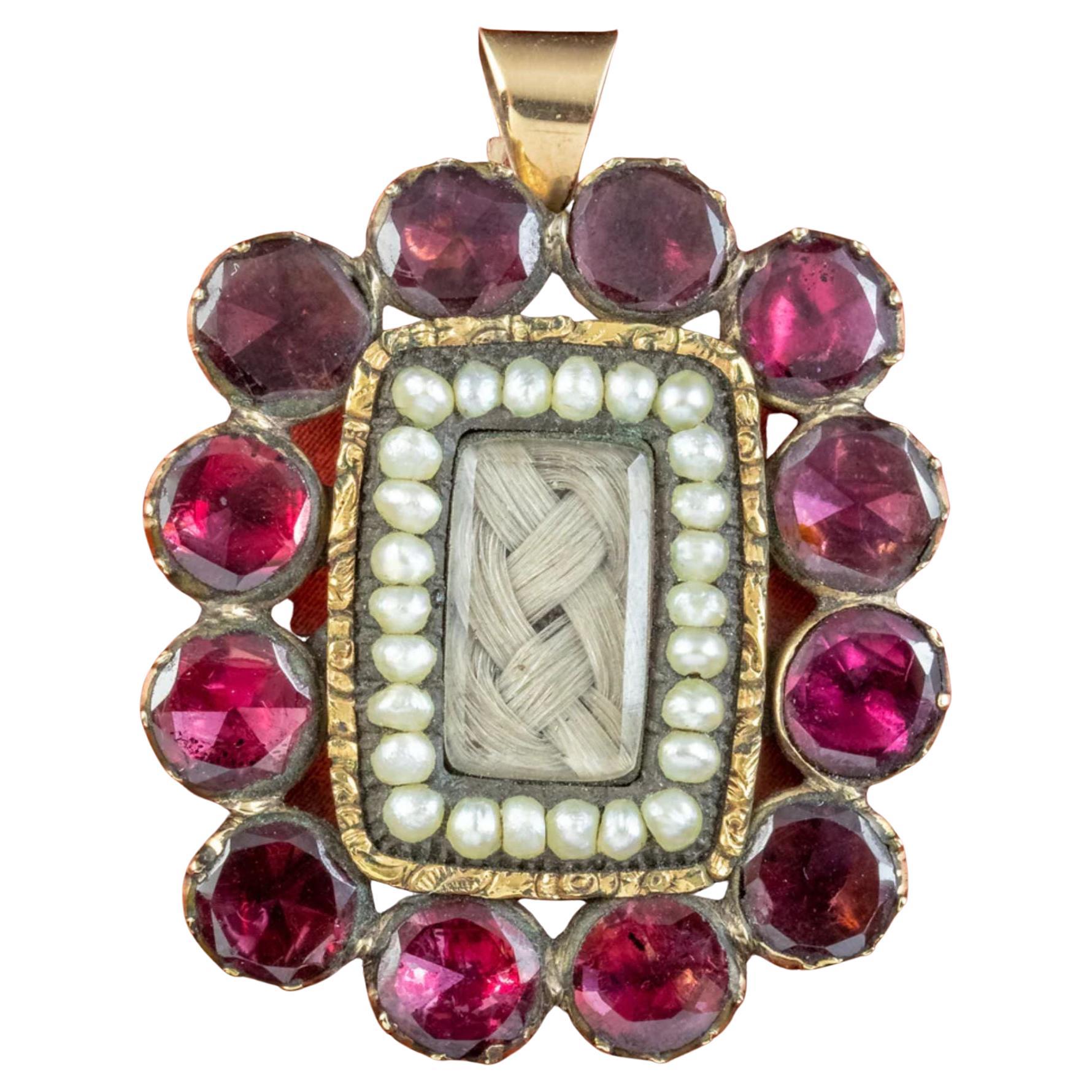 Antique Georgian Flat Cut Garnet Pearl Mourning Pendant in 18ct Gold For Sale