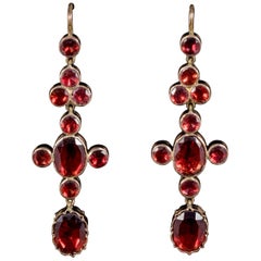Antique Georgian Flat Cut Garnet Triple Drop Earrings 18 Carat Gold, circa 1800