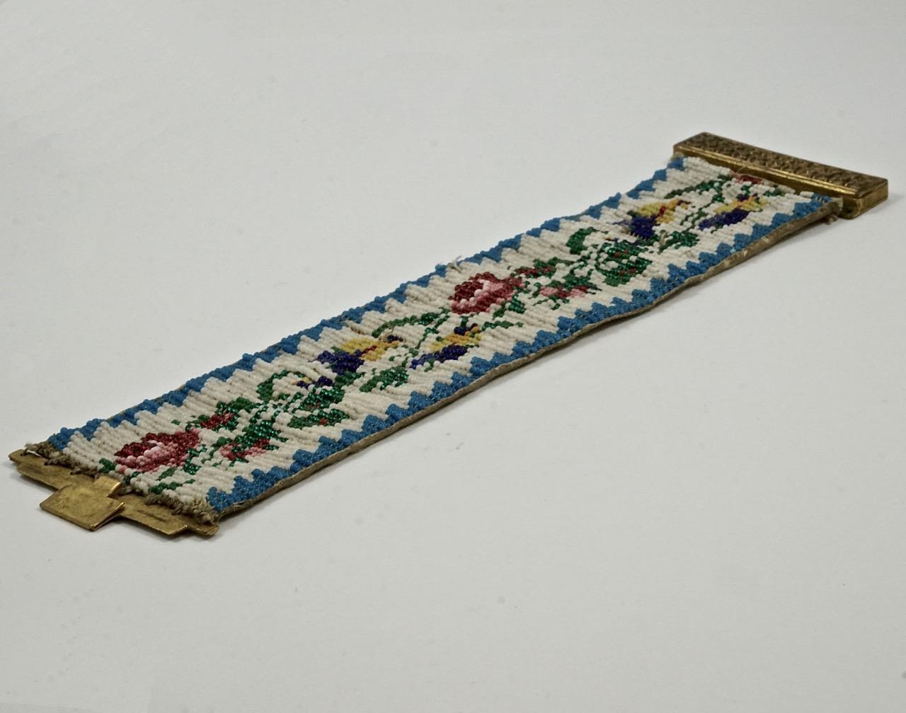 Antique Georgian Floral Beaded Cuff Bracelet with a Brass Clasp and Silk Lining For Sale 1