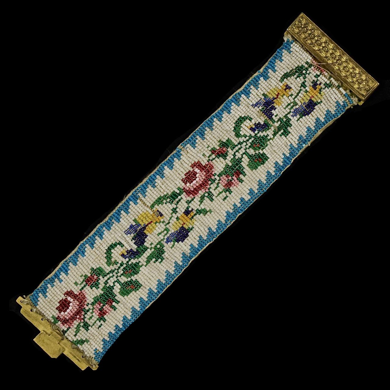 Antique Georgian Floral Beaded Cuff Bracelet with a Brass Clasp and Silk Lining For Sale 3