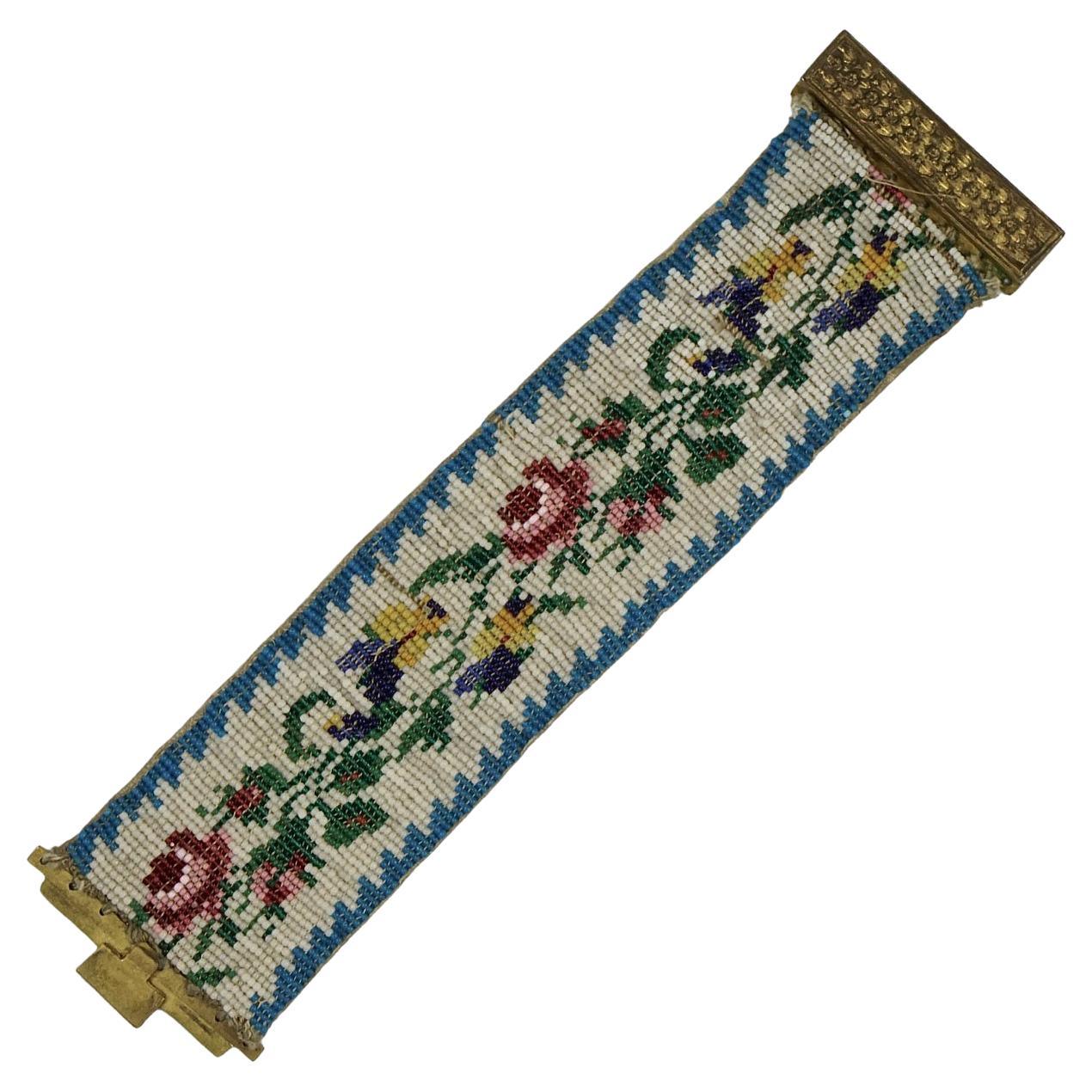 Antique Georgian Floral Beaded Cuff Bracelet with a Brass Clasp and Silk Lining For Sale