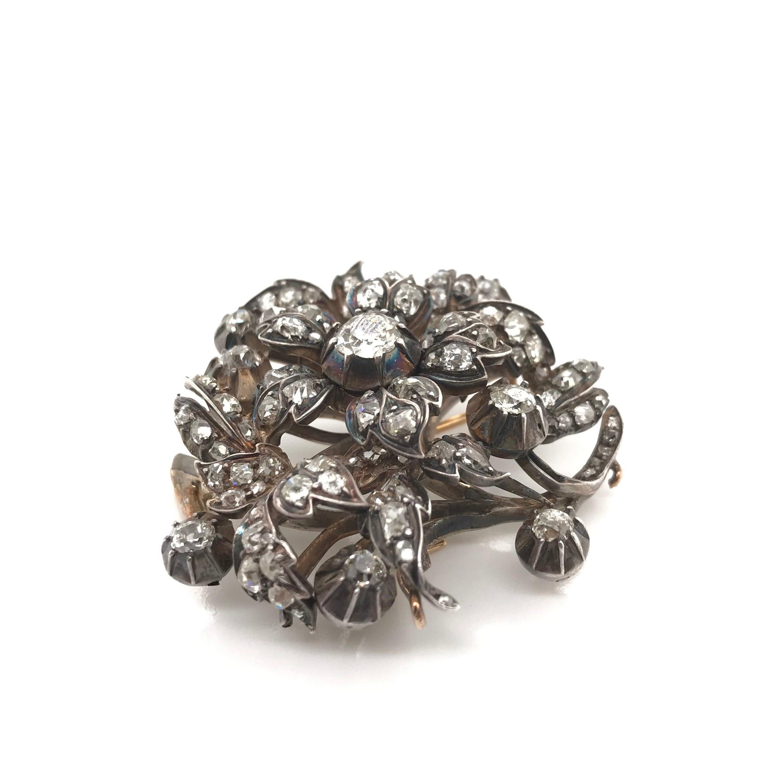 Old Mine Cut Antique Georgian Floral Brooch Featuring 3 Carats DTW of Antique Diamonds For Sale