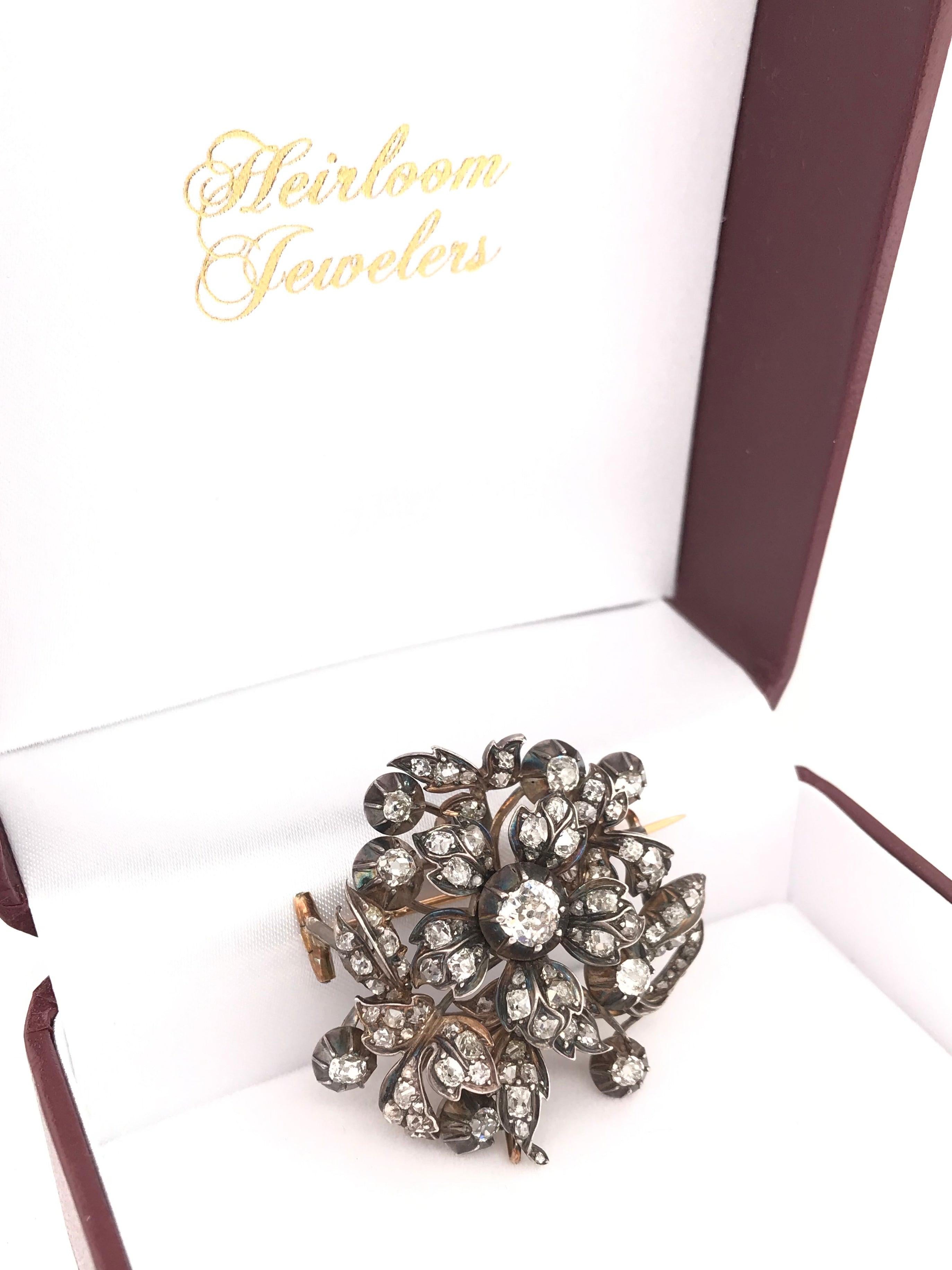 Antique Georgian Floral Brooch Featuring 3 Carats DTW of Antique Diamonds For Sale 1
