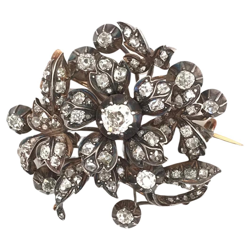 Antique Georgian Floral Brooch Featuring 3 Carats DTW of Antique Diamonds For Sale