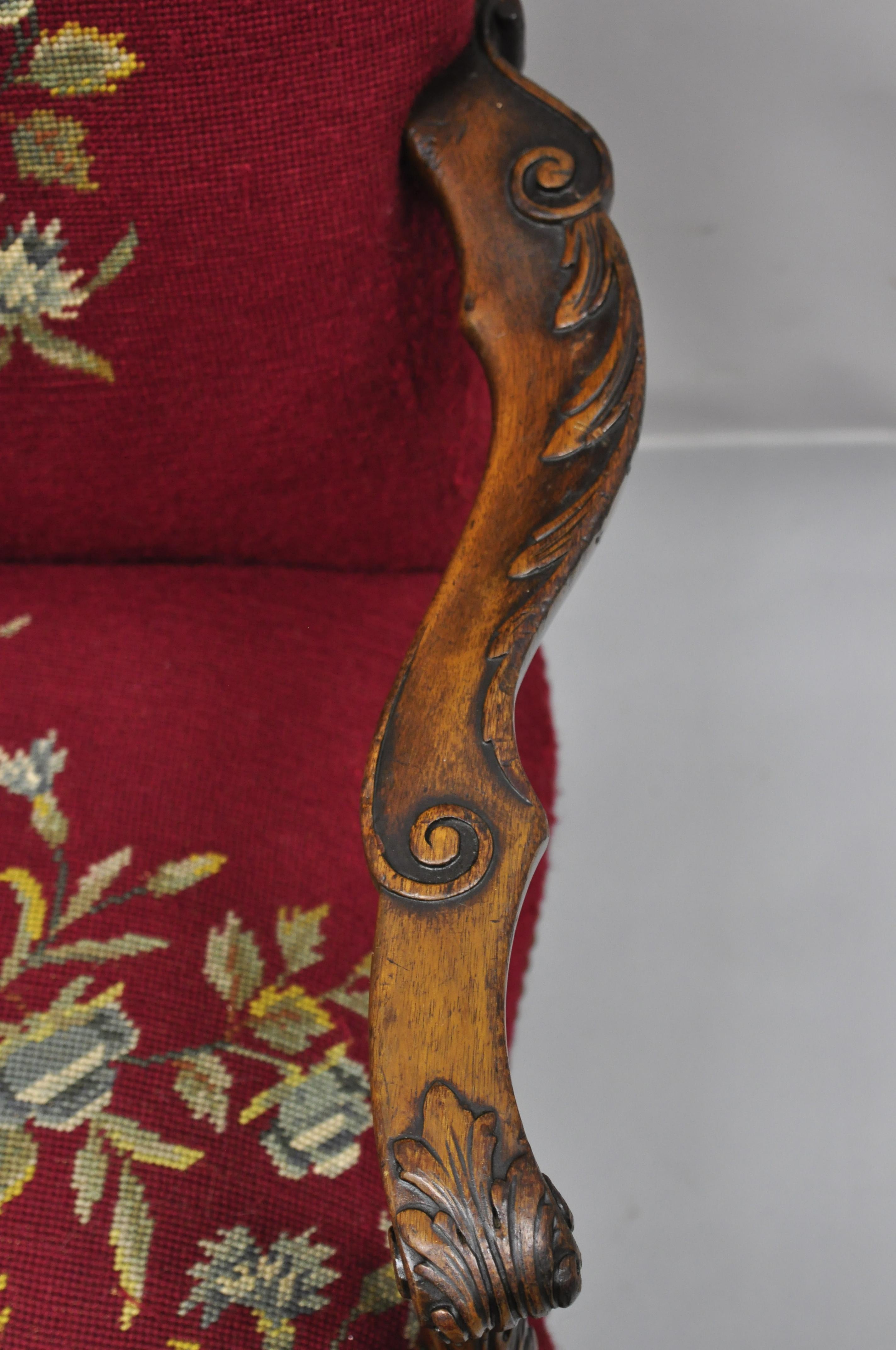 Antique Georgian Floral Needlepoint Carved Mahogany Fireside Lounge Arm Chair For Sale 4