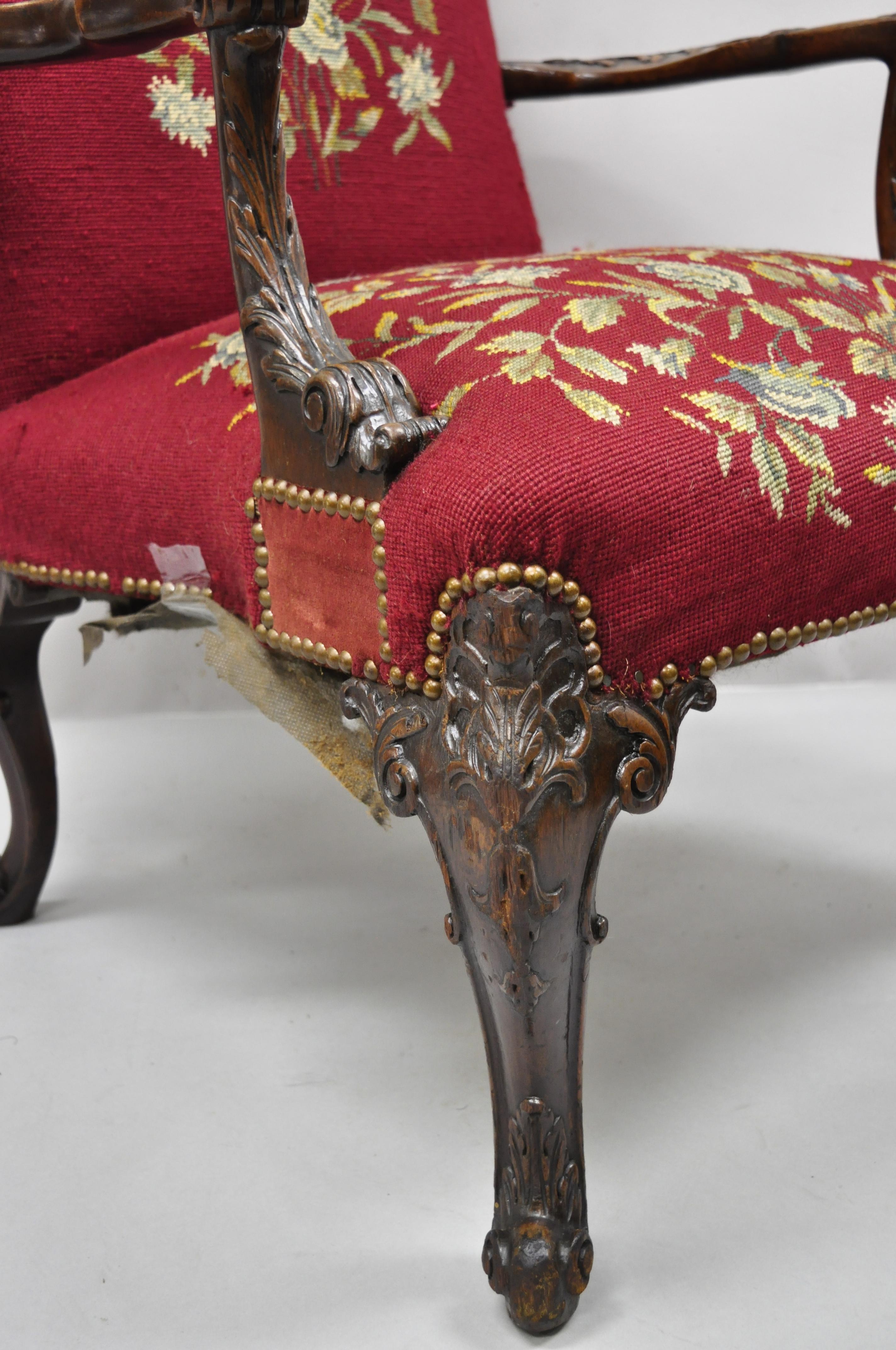 Antique Georgian Floral Needlepoint Carved Mahogany Fireside Lounge Arm Chair For Sale 5