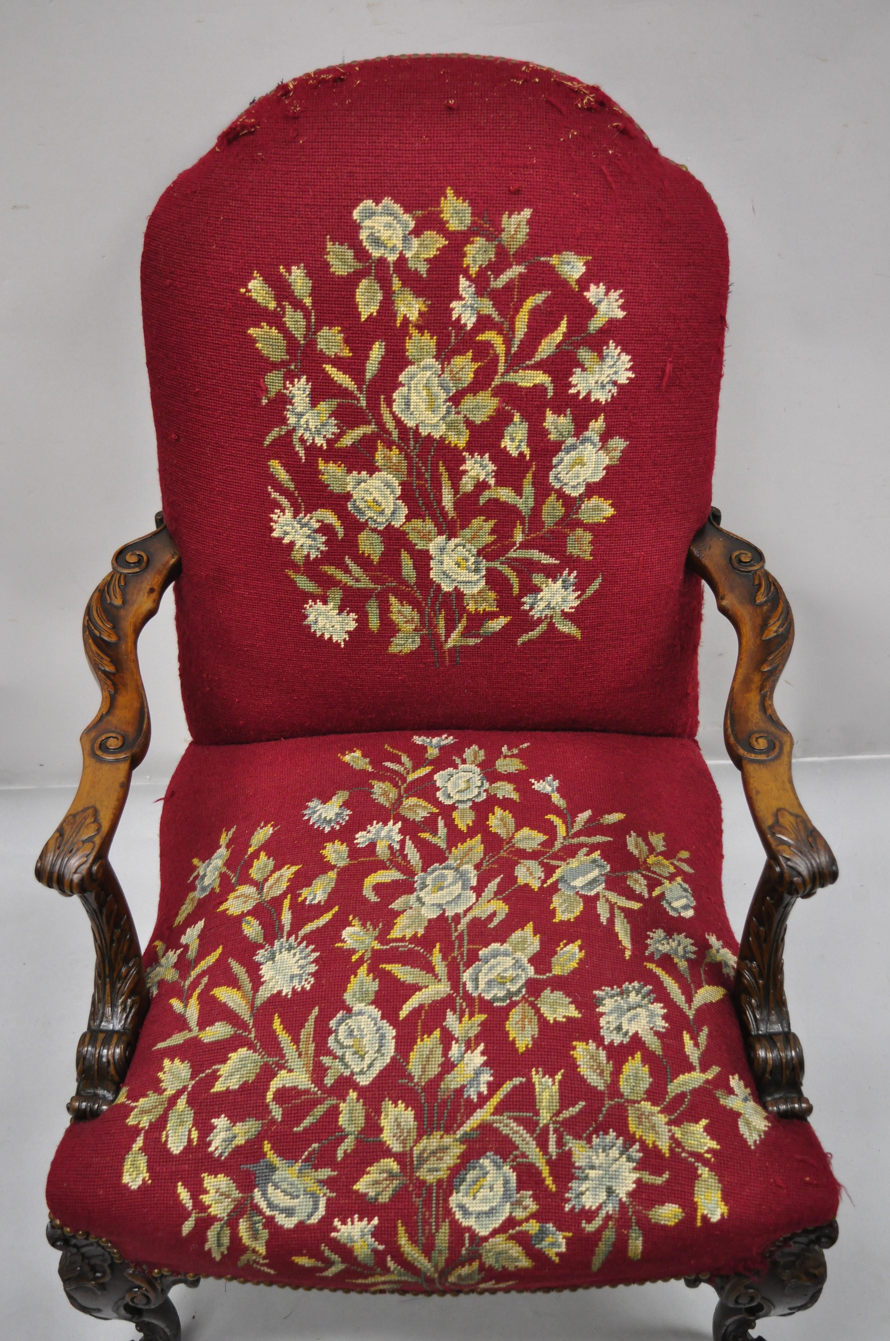 North American Antique Georgian Floral Needlepoint Carved Mahogany Fireside Lounge Arm Chair For Sale