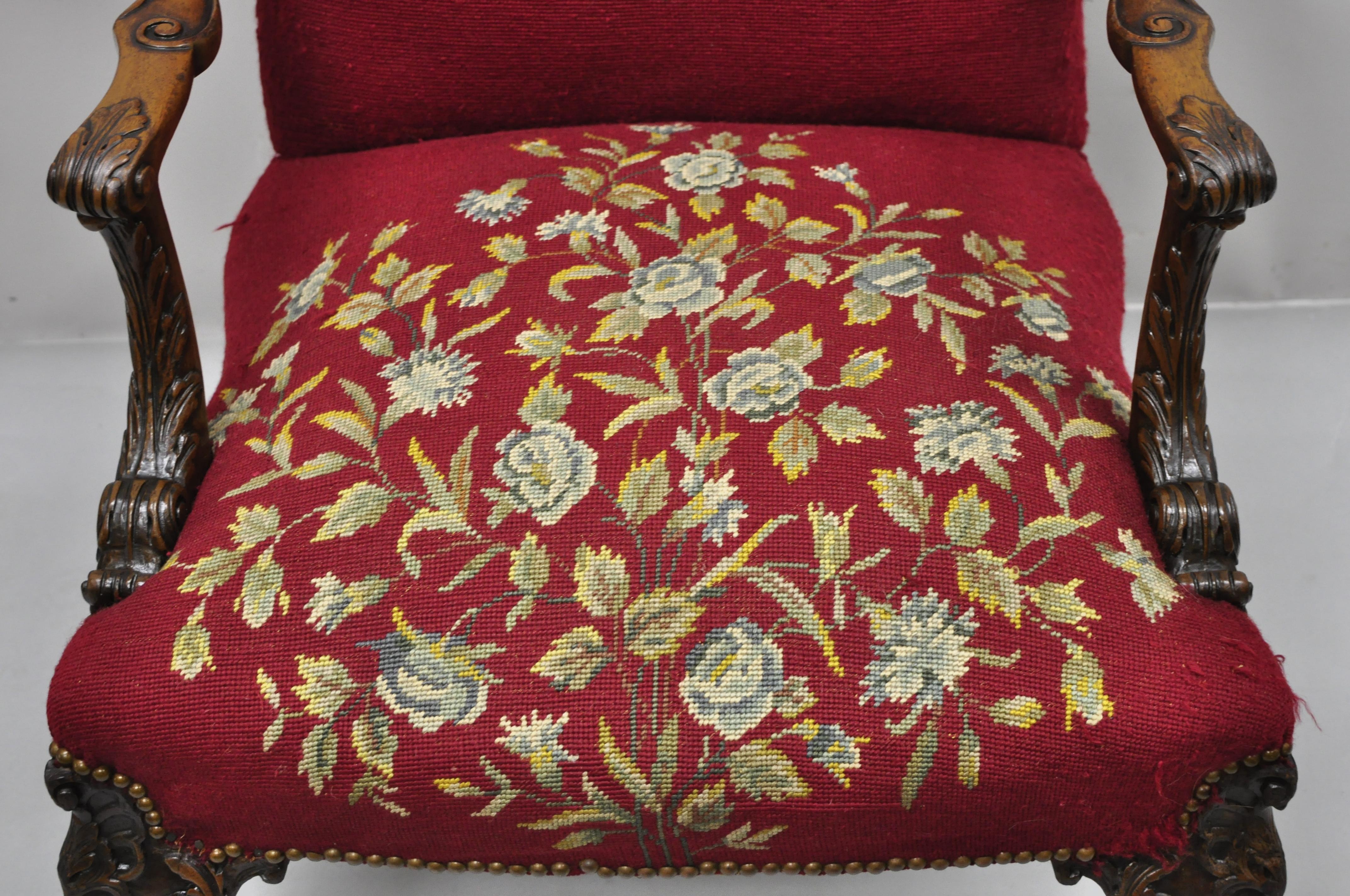 20th Century Antique Georgian Floral Needlepoint Carved Mahogany Fireside Lounge Arm Chair For Sale