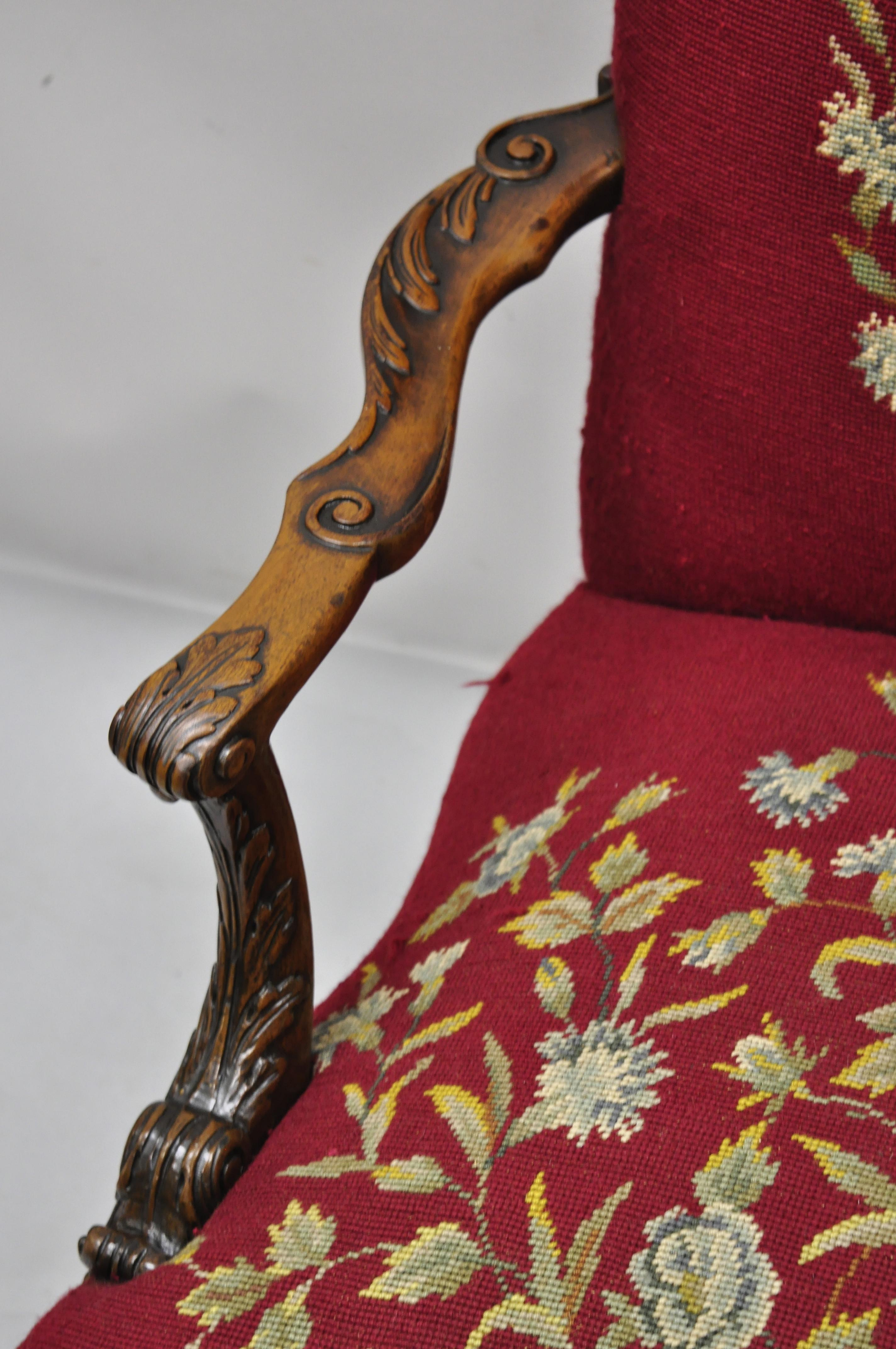 Fabric Antique Georgian Floral Needlepoint Carved Mahogany Fireside Lounge Arm Chair For Sale