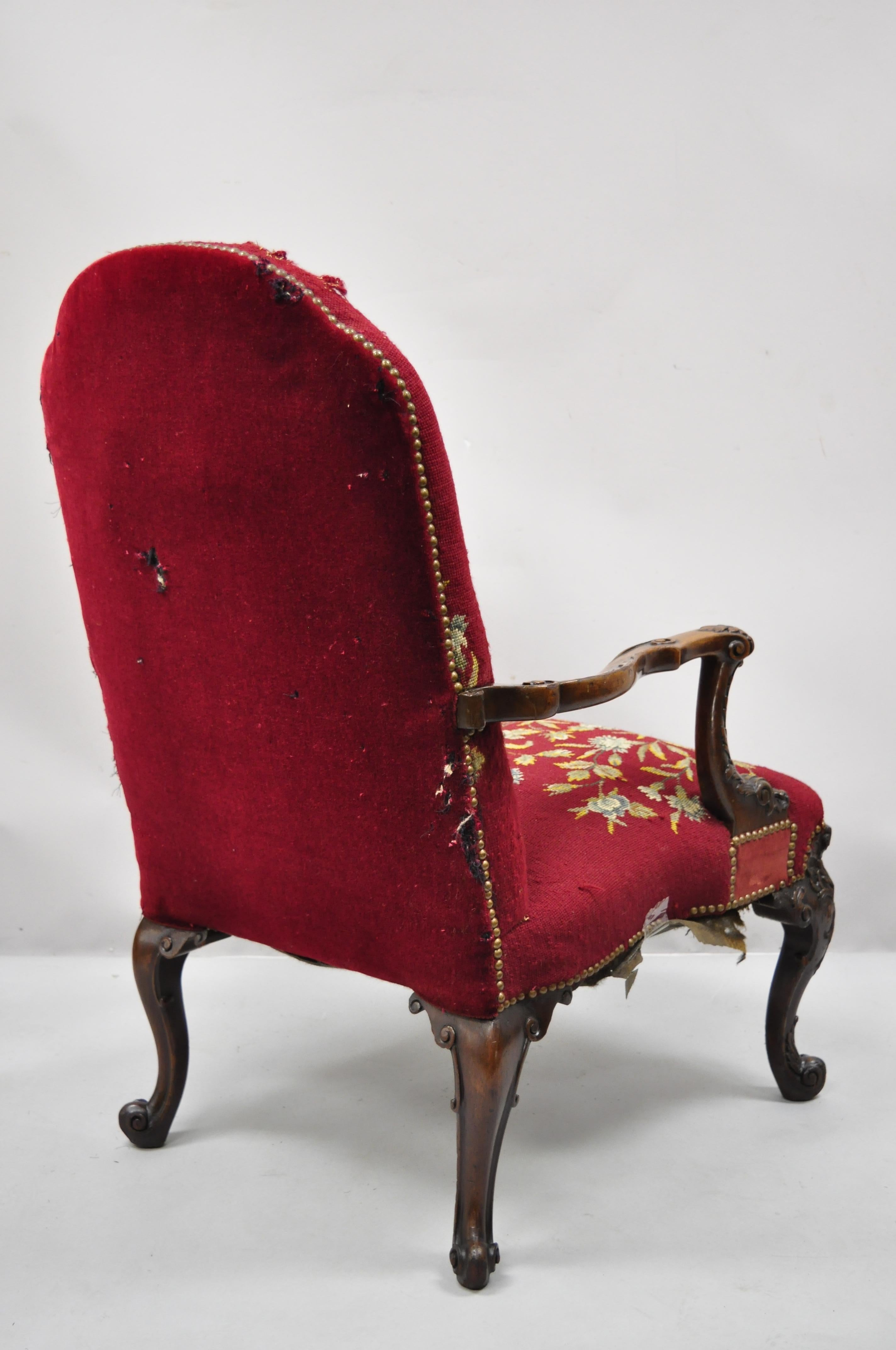 Antique Georgian Floral Needlepoint Carved Mahogany Fireside Lounge Arm Chair For Sale 1