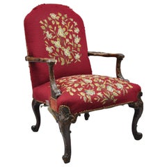 Used Georgian Floral Needlepoint Carved Mahogany Fireside Lounge Arm Chair