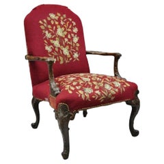 Antique Georgian Floral Needlepoint Carved Mahogany Fireside Lounge Arm Chair