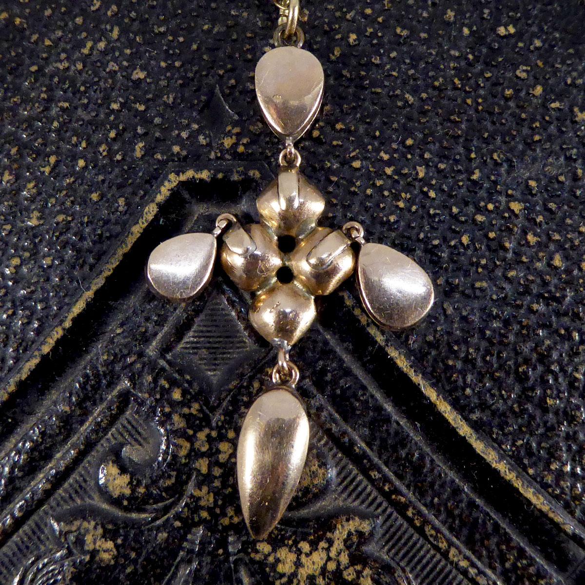 Round Cut Antique Georgian Foiled Back Garnet Cross Drop Pendant Necklace in 14ct Gold