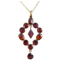 Antique Georgian Foiled Closed Back Garnet Drop Pendant Necklace in 9ct Gold