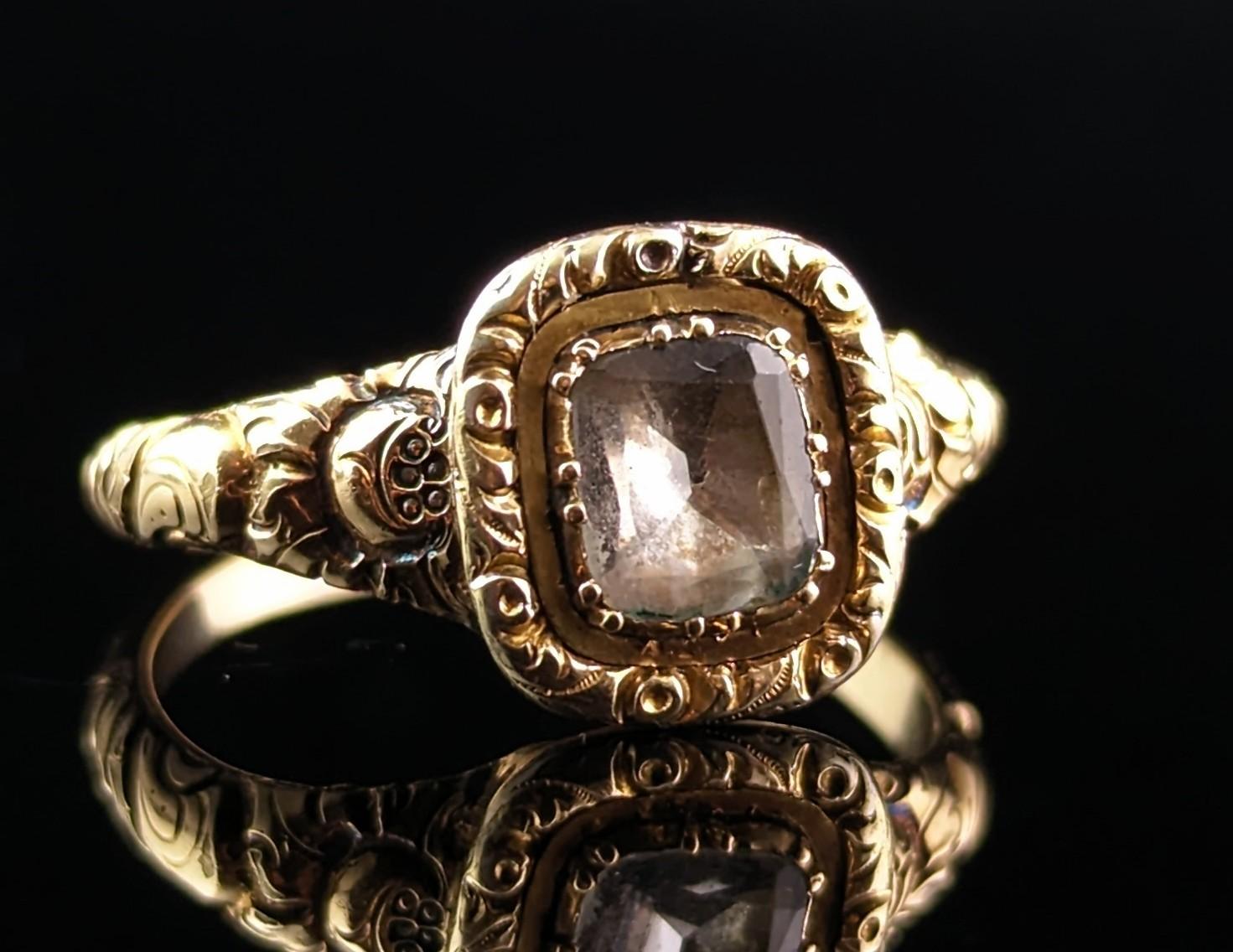 Antique Georgian Foiled Quartz Ring, 12k Gold, Chase and Engraved 6