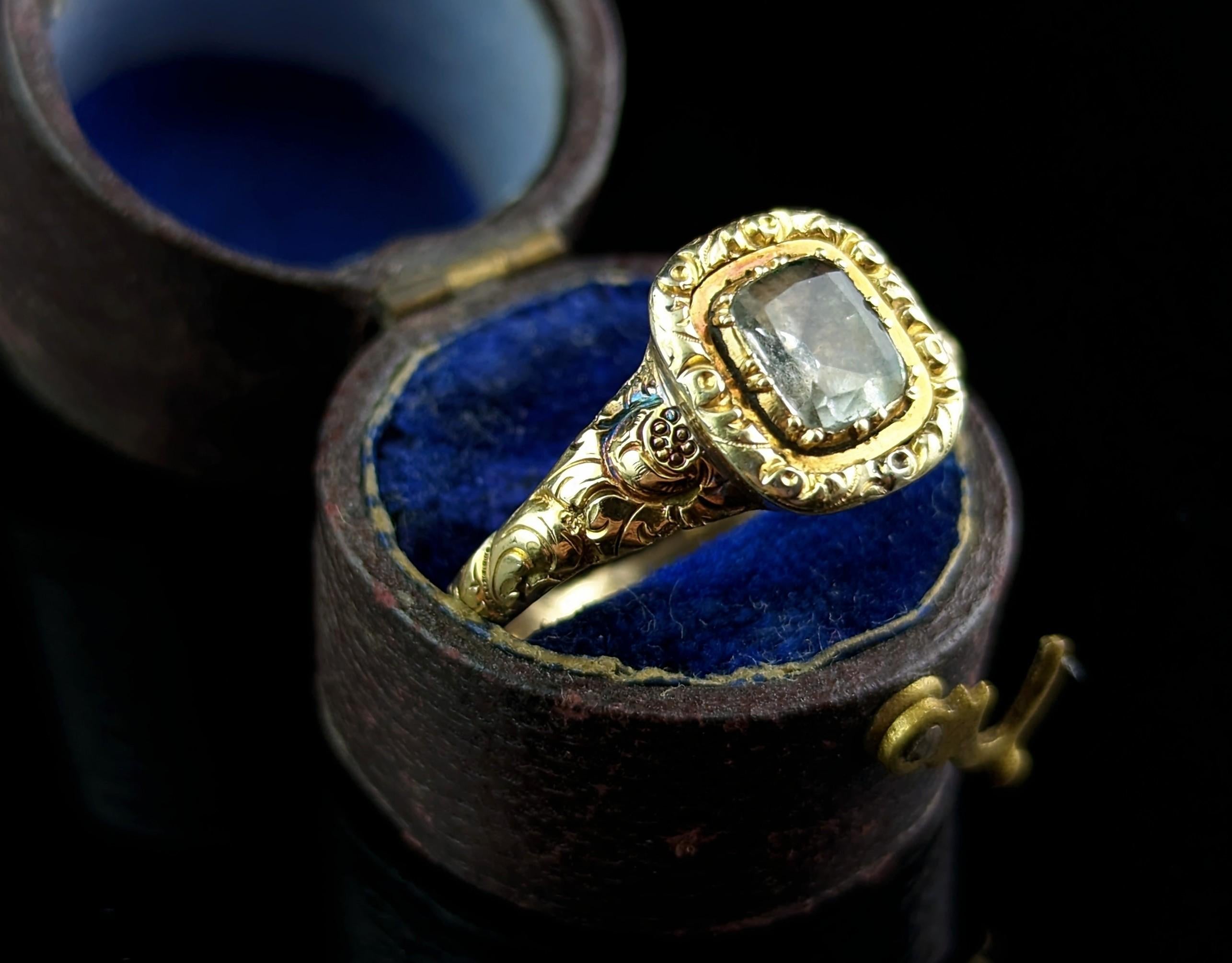 Antique Georgian Foiled Quartz Ring, 12k Gold, Chase and Engraved 8