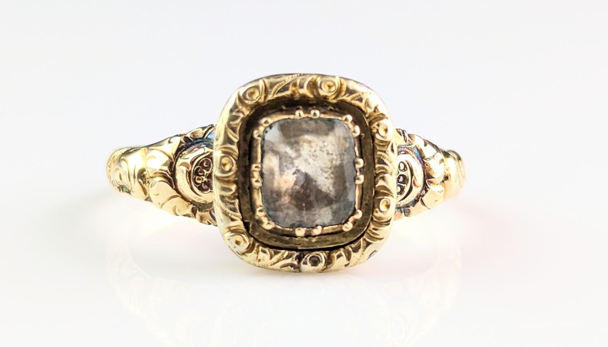 Antique Georgian Foiled Quartz Ring, 12k Gold, Chase and Engraved 9