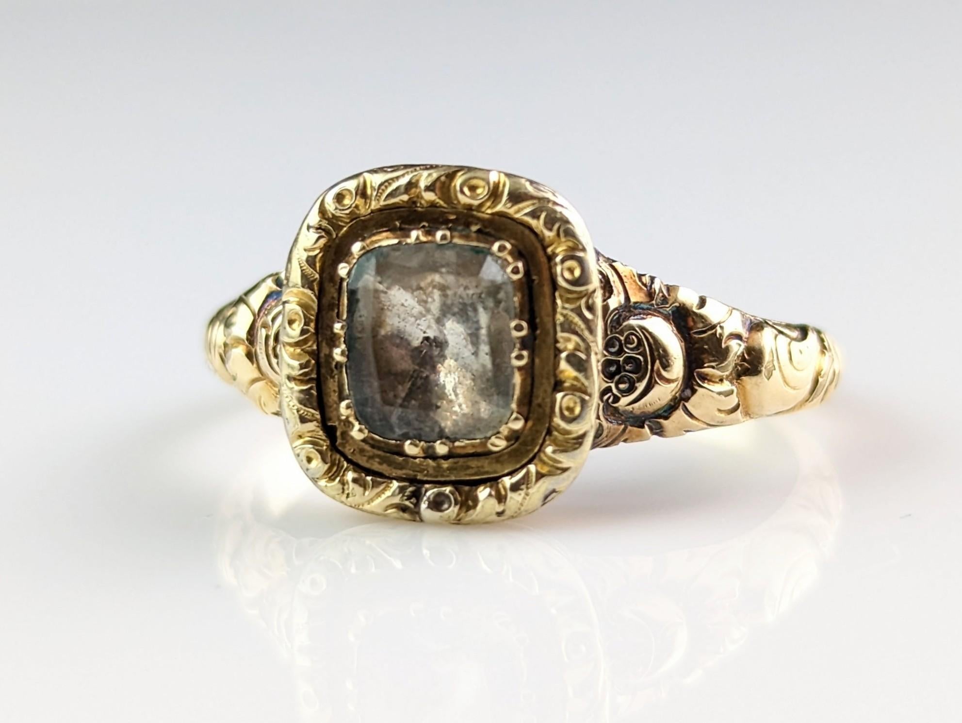 Antique Georgian Foiled Quartz Ring, 12k Gold, Chase and Engraved 11