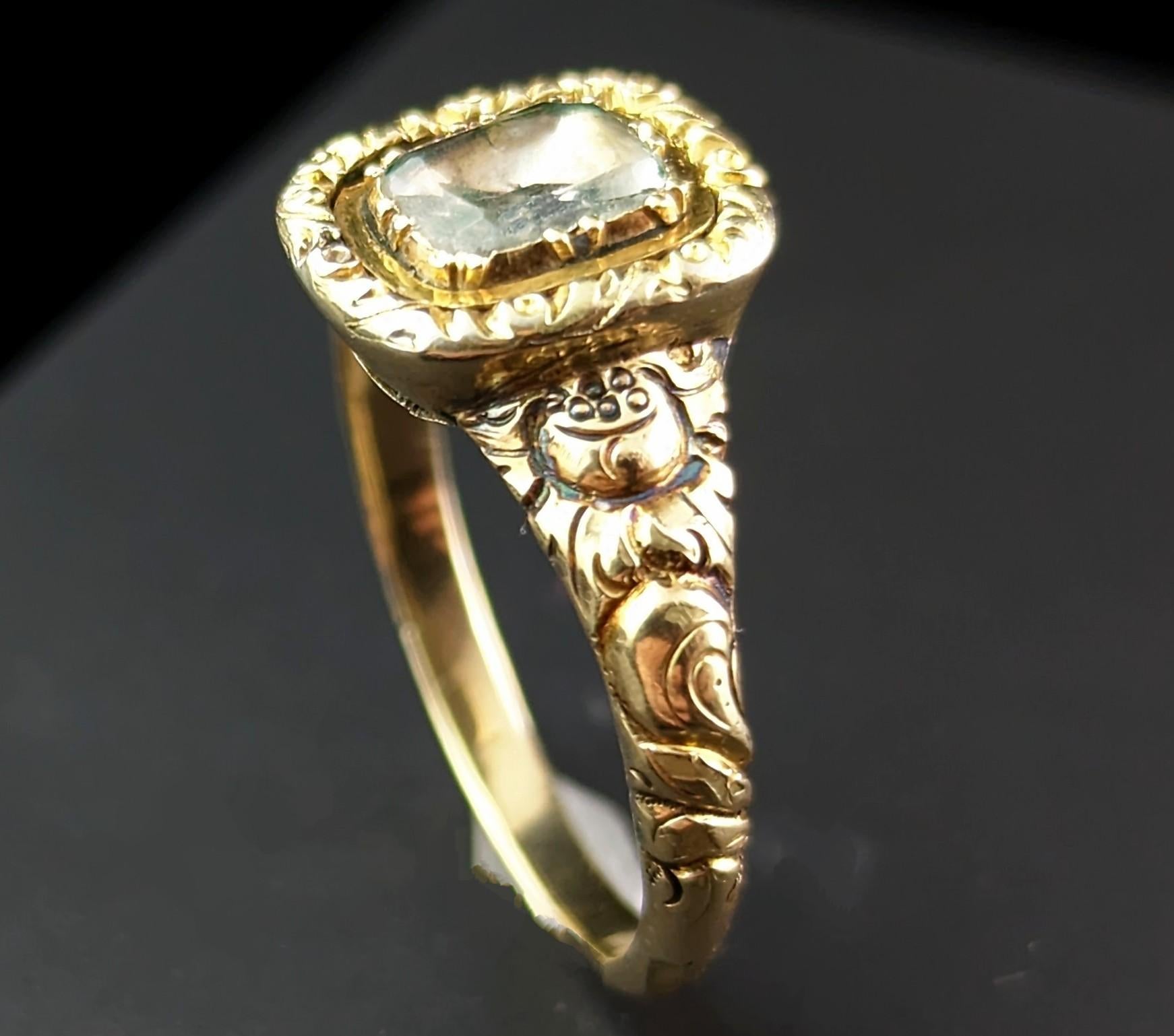 Mixed Cut Antique Georgian Foiled Quartz Ring, 12k Gold, Chase and Engraved