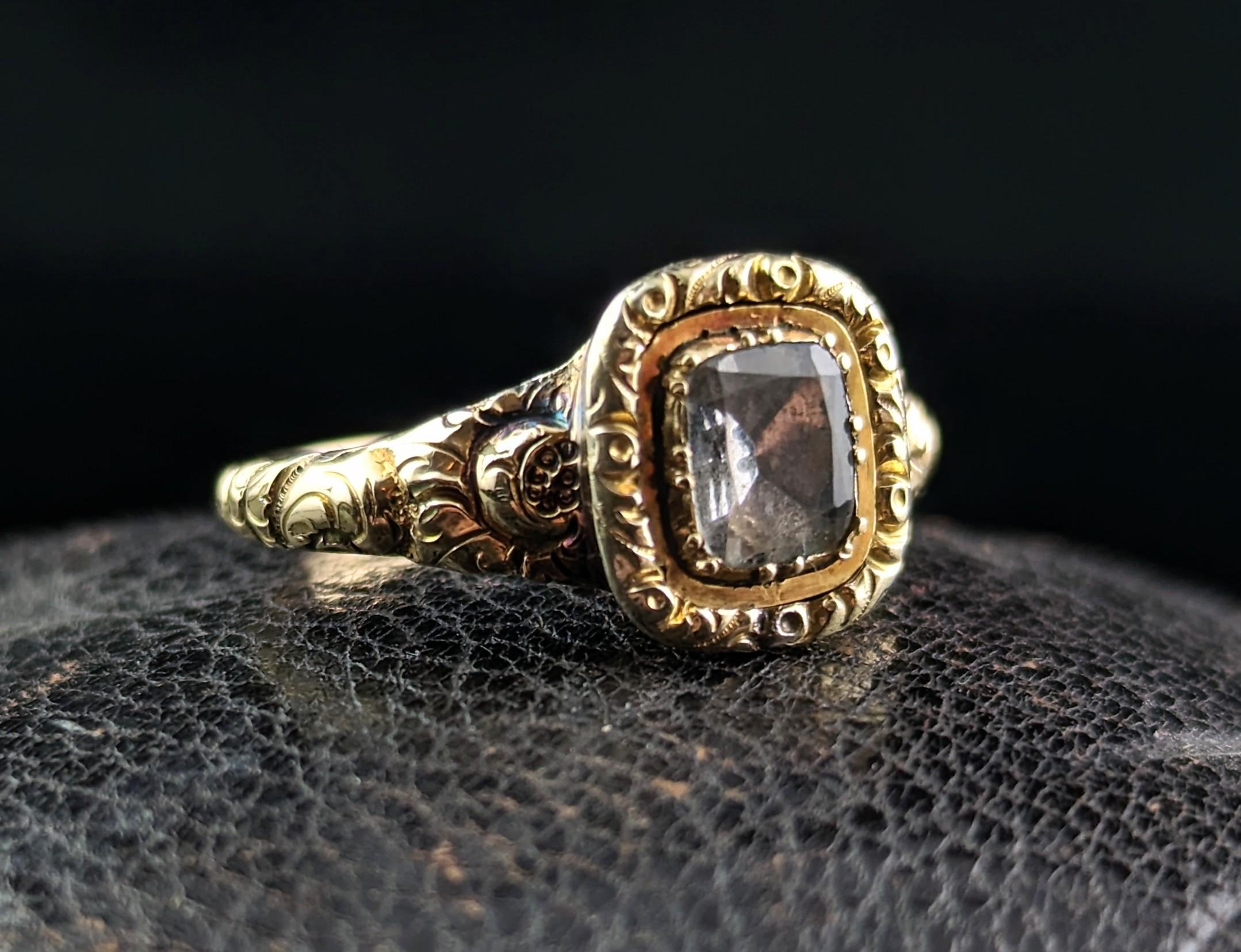 Antique Georgian Foiled Quartz Ring, 12k Gold, Chase and Engraved 2