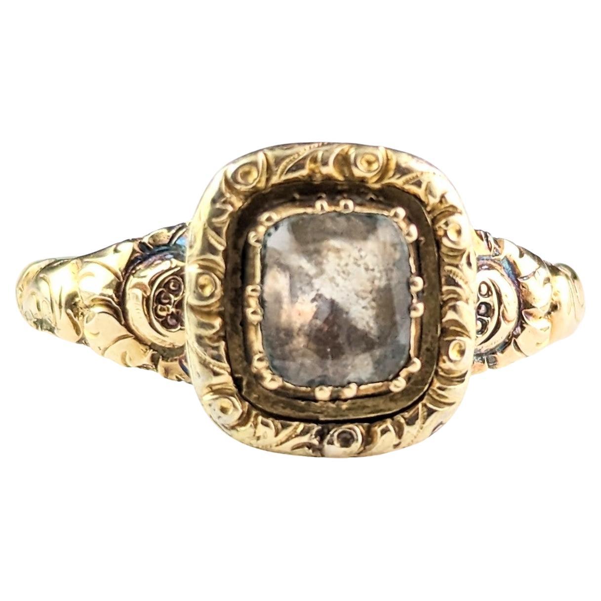 Antique Georgian Foiled Quartz Ring, 12k Gold, Chase and Engraved