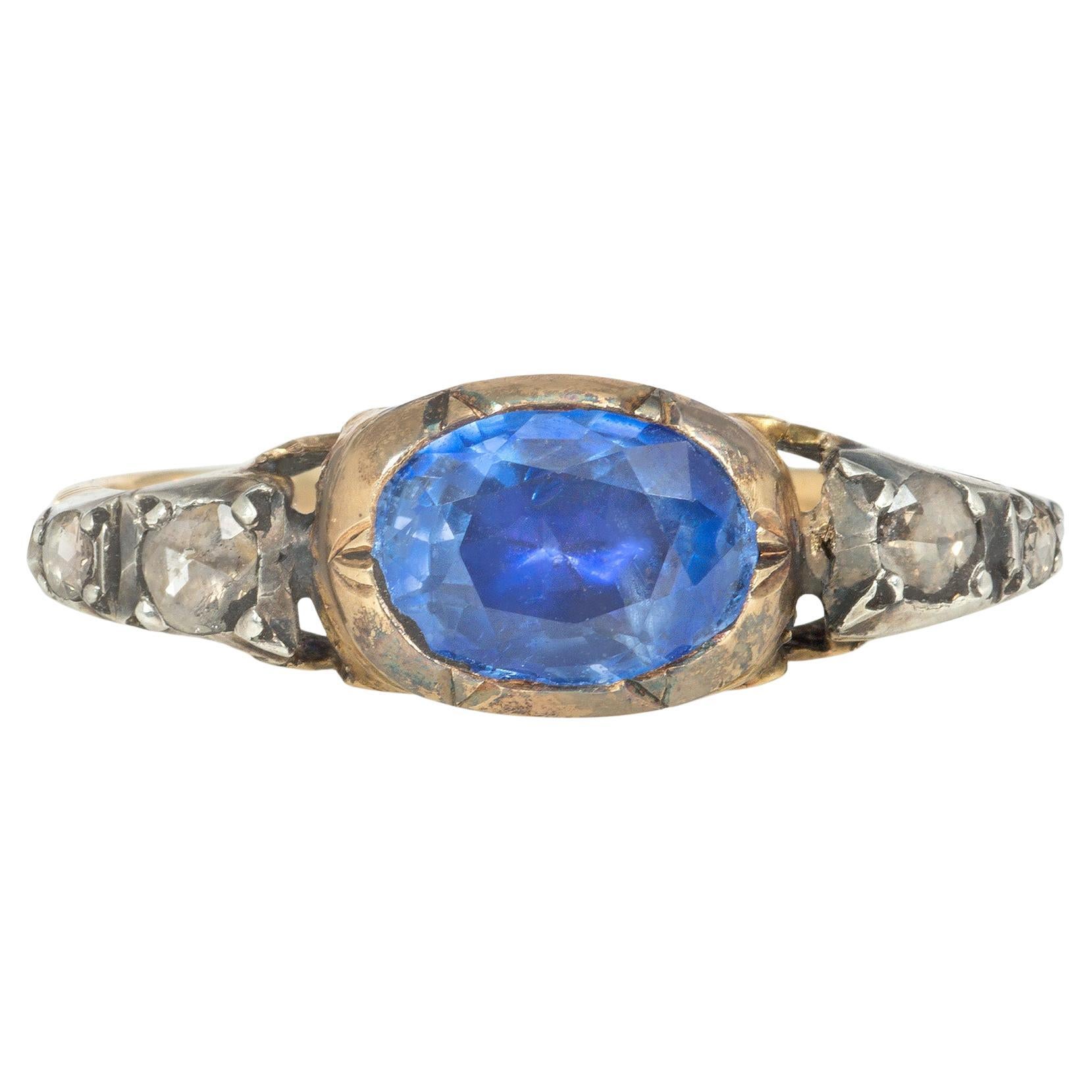 Antique Georgian Foiled Sapphire and Rose Diamond Ring in Gold and Silver For Sale