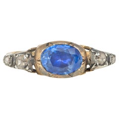 Antique Georgian Foiled Sapphire and Rose Diamond Ring in Gold and Silver