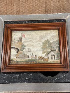 Antique Georgian Framed Silkwork Needlework Pastoral Landscape Coastal Scenes