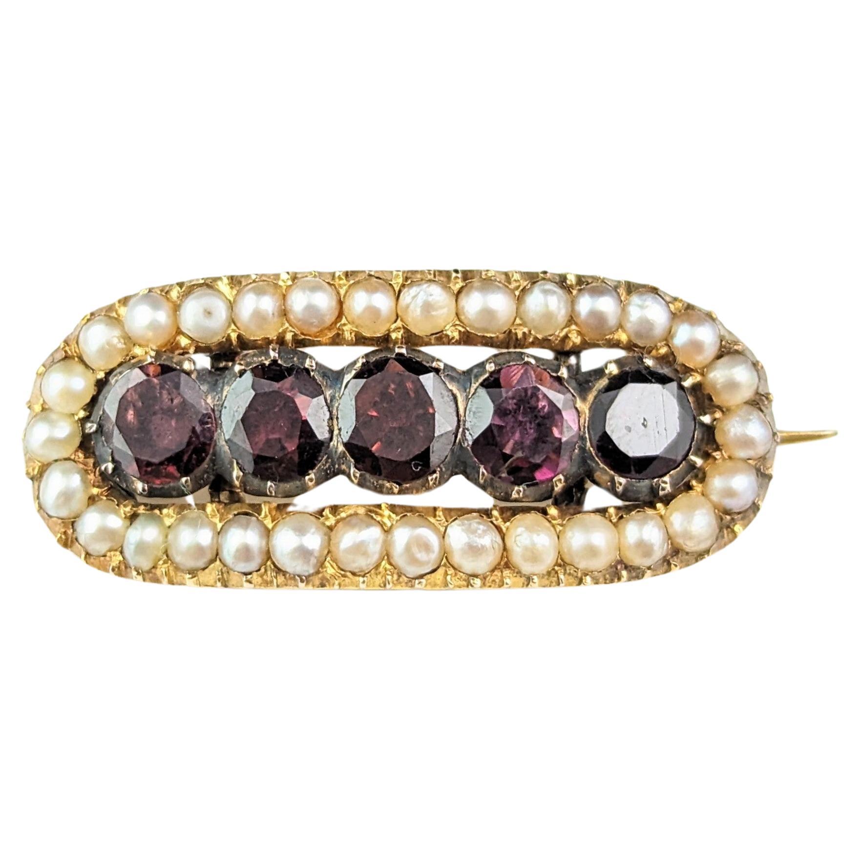 Antique Georgian Garnet and Pearl brooch, 18k gold  For Sale