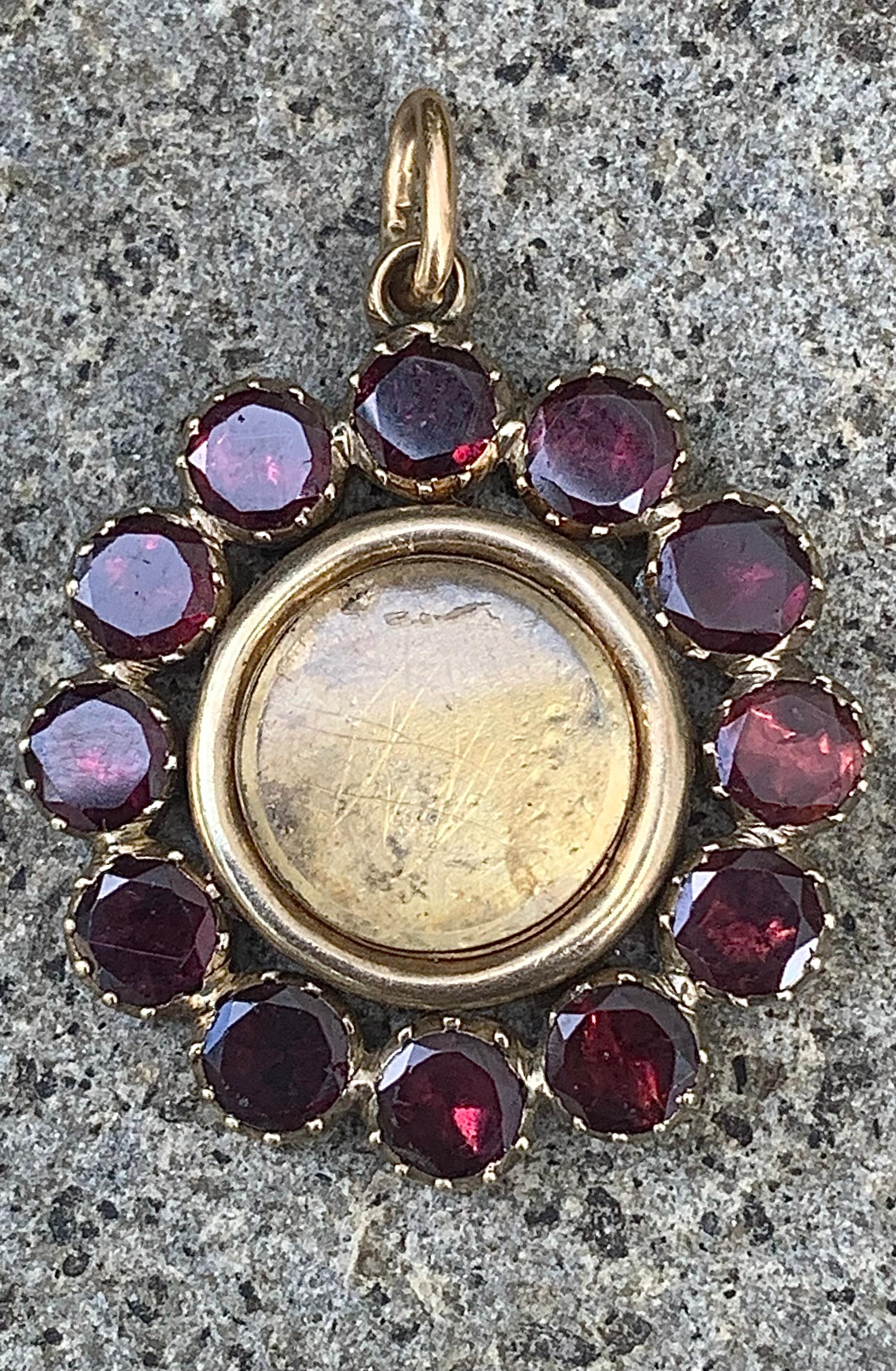 George III Antique Georgian Garnet Locket Pendant Necklace 14K Yellow Rose Gold Glass For Sale