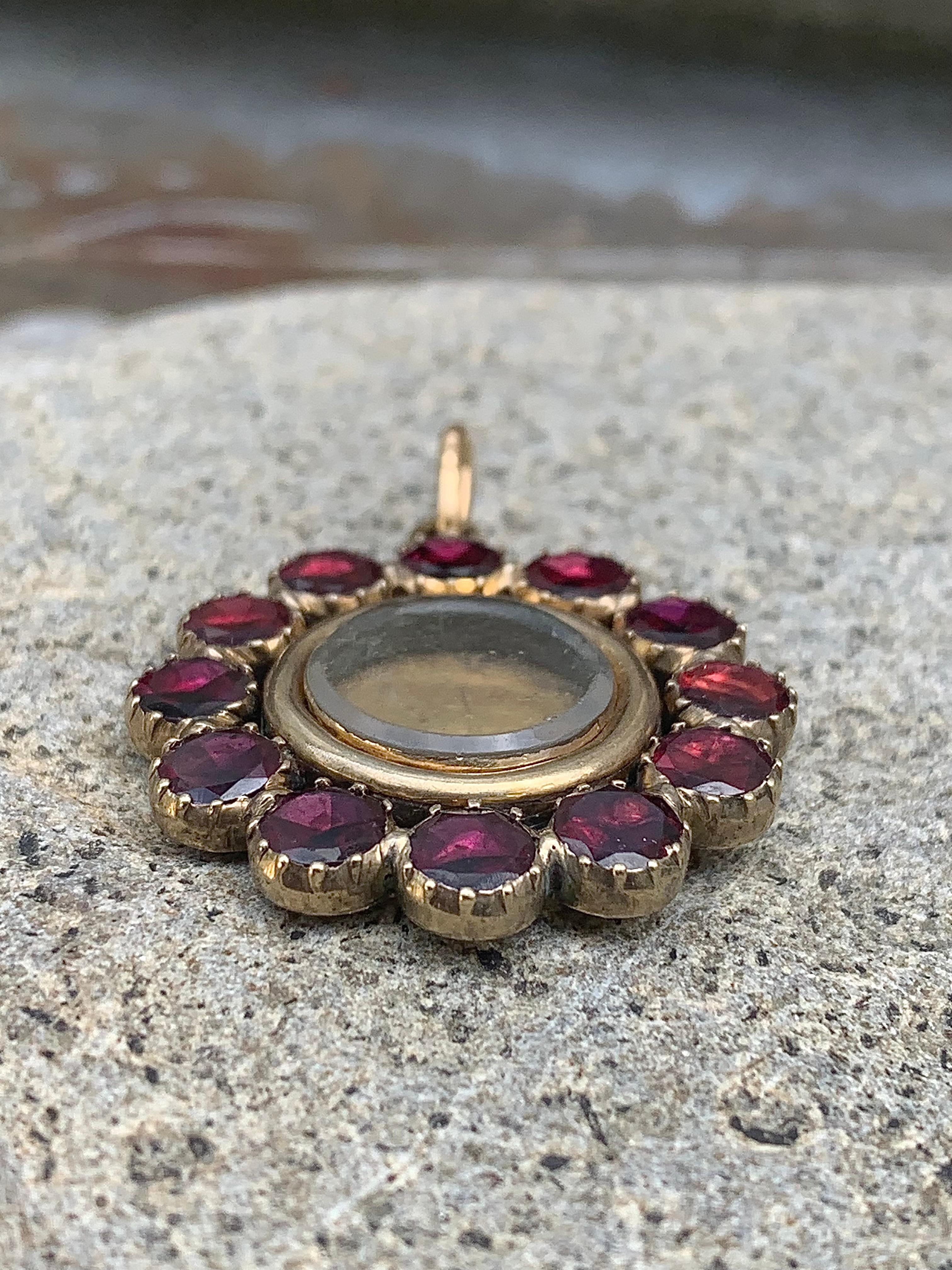Round Cut Antique Georgian Garnet Locket Pendant Necklace 14K Yellow Rose Gold Glass For Sale