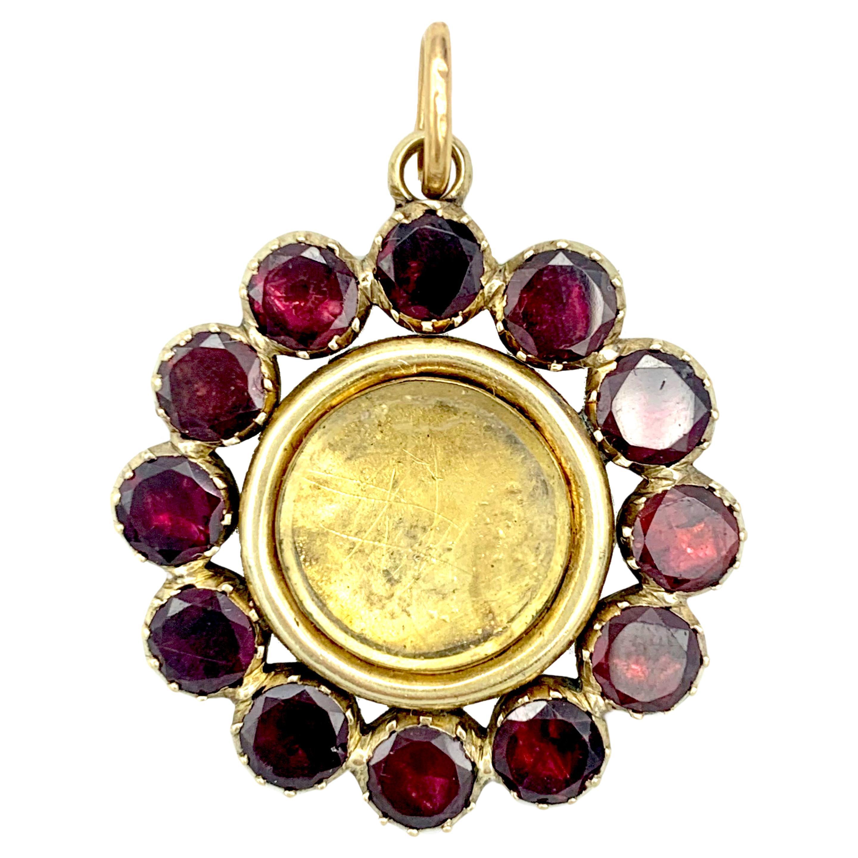 Antique Georgian Garnet Locket Pendant Necklace 14 Karat Yellow Rose Gold Glass For Sale