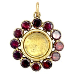 Antiguo Collar Georgiano Colgante Relicario Granate Oro Amarillo Rosa 14K Cristal