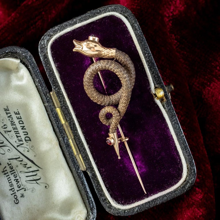 Antique Georgian Garnet Mourning Snake Pin 18ct Gold With Box For Sale 5