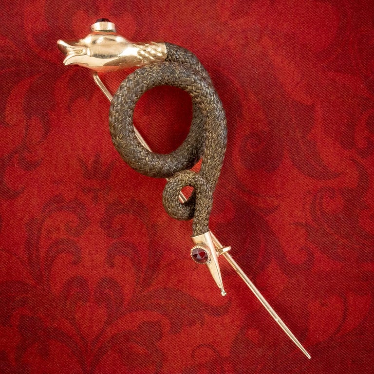 An exquisite antique Georgian snake pin beautifully preserved from the early 19th Century. The snakes head and tail are fashioned in 18ct gold and crowned with deep red rose cut garnets. The body is made up of a thick band of plaited brown hair that