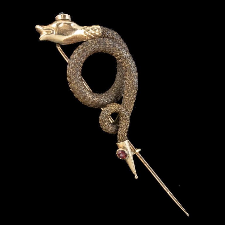 Rose Cut Antique Georgian Garnet Mourning Snake Pin 18ct Gold With Box For Sale
